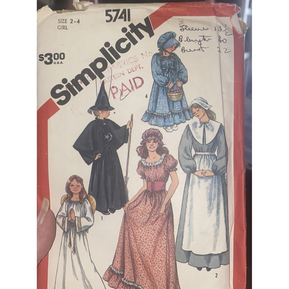 Vtg 1985 Simplicity Pattern 5741 Girls Costumes Witch Prairie Angel Sz 2-4 Cut